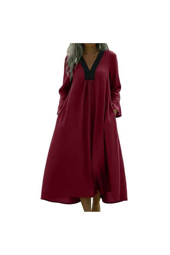 Women's Linen Contrast V Neck Maxi Dresses Long Sleeve Casual Loose Fit Kaftan Dress Fall Winter Holiday Vacation Flowy Soft Comfortable Tunic Solid Sundress