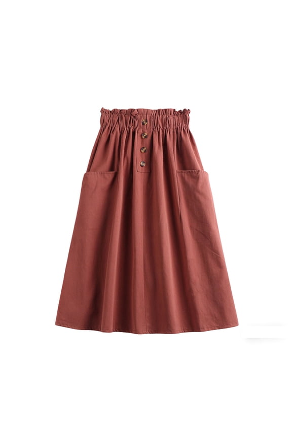 Women's Linen Elastic High Waist Midi Skirt Button Down A-Line Knee Length Skirts with Pockets Casual Work Summer Beach Vacation Soft Fashion Dresses
