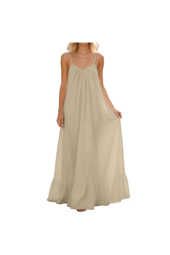 Women's Linen Spaghetti Strap Maxi Dress Sleeveless Loose Fit Ruffle Hem Sundress Casual Summer Beach Vacation Boho Flowy Pleated Long Soft Comfy Maternity