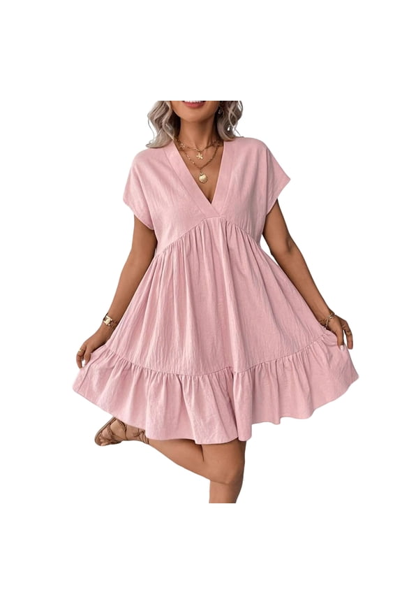 Women's Linen V Neck Ruffle Mini Dresses Short Sleeve Babydoll Tiered Flowy Dress Casual Summer Beach Vacation Loose Fit Cute Breathable Sundress