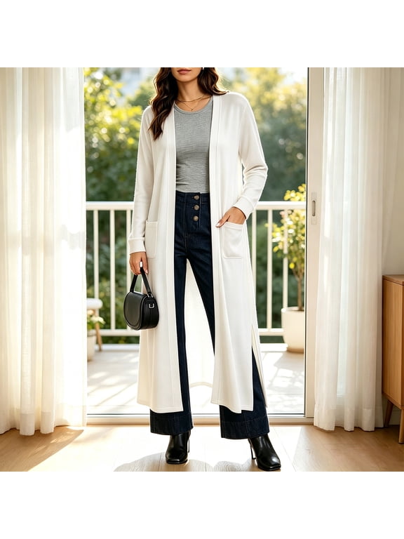 Women's Long Cardigan Open Front Duster Coat Lightweight Casual Jacket Longline Sweater with Pockets Side Split Outerwear