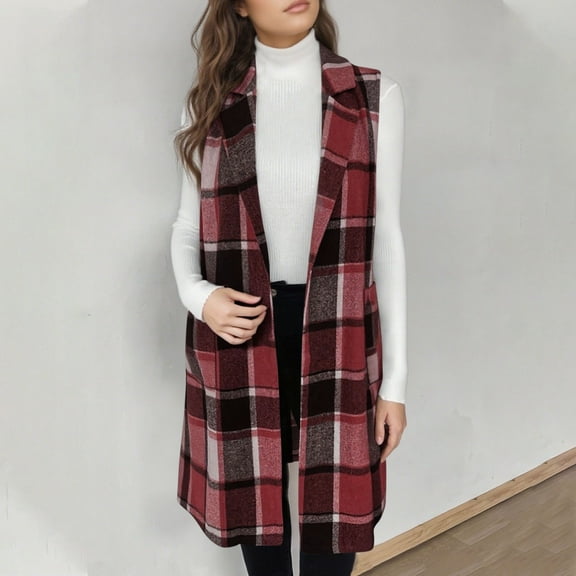 Xdegoge Women's Long Flannel Plaid Vest Jackets Loose Open Front Sleeveless Lapel Flowy Winter Coats Outerwear with Pockets