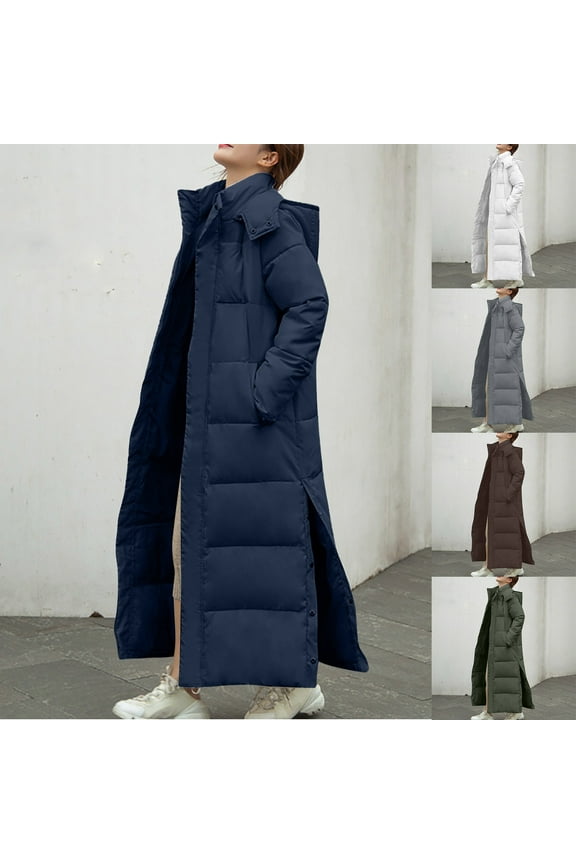 Women's Long Quilted Puffer Jackets Maxi Length Long Sleeve Down Jacket Hooded Padded Down Coats Side Split Thick Warm Winter Clothes with Pockets Outerwear