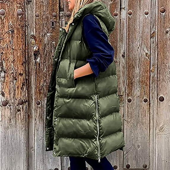 Xdegoge Women's Long Quilted Vest Zip Up Stand Collar Sleeveless Hooded Puffer Vests with Pockets Side Split Zipper Warm Down Jackets 2025 Winter Outfits