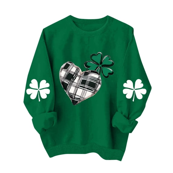 Xdegoge Women's Long Sleeve Crewneck Sweater with Glitter Clover Print, Festive St. Patrick's Day Graphic Pullover for Holiday Celebrations