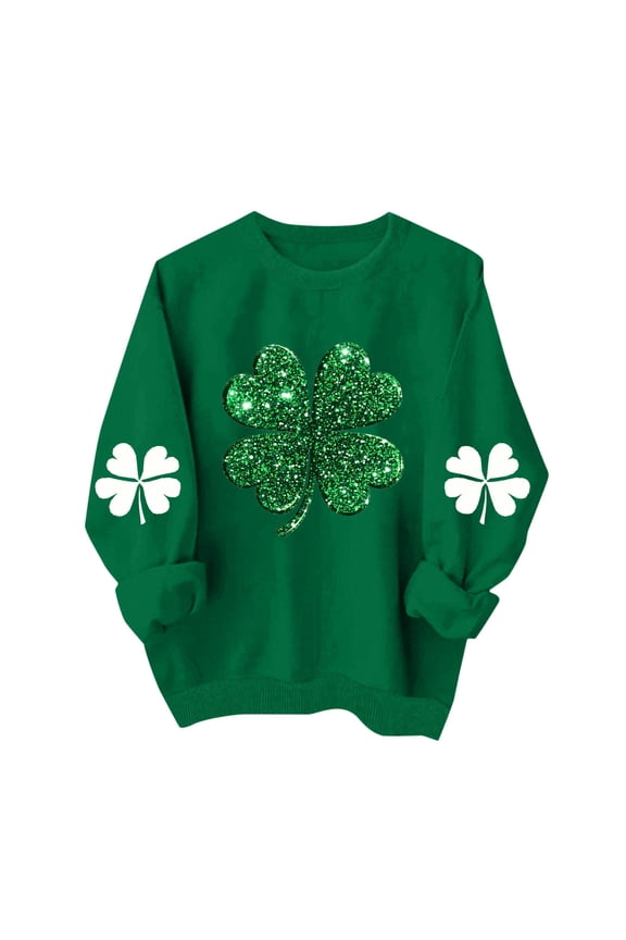 Women's Long Sleeve Crewneck Sweater with Glitter Clover Print, Festive St. Patrick's Day Graphic Pullover for Holiday Celebrations