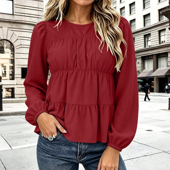 Xdegoge Women's Long Sleeve Peplum Blouse Crewneck Smocked Tiered Babydoll Shirts Casual Flowy Tunic Tops Cute Fall Clothing