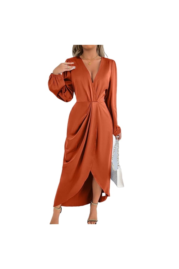 Women's Long Sleeve Satin Wrap Dress V Neck Twist Front High Slit Maxi Dresses Elegant Cocktail Evening Party Wedding Guest Formal Summer Fall Casual