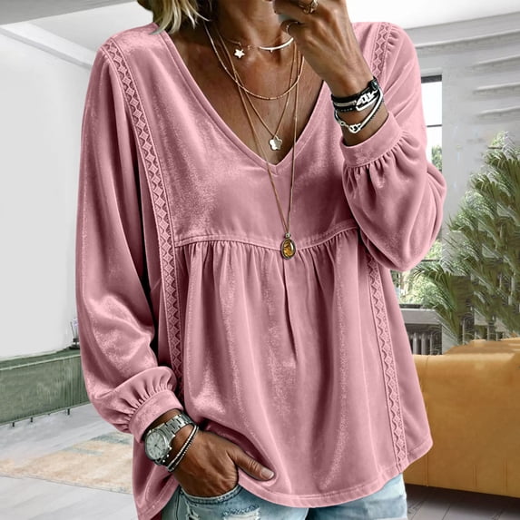 Xdegoge Women's Long Sleeve V Neck Tops Velvet Blouses Lace Trim Peplum Babydoll Shirts Casual Fall Tunic Tops for Women