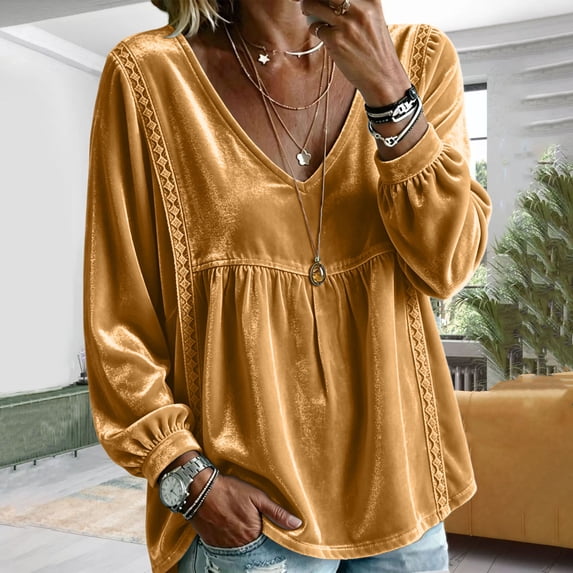 Xdegoge Women's Long Sleeve V Neck Tops Velvet Blouses Lace Trim Peplum Babydoll Shirts Casual Fall Tunic Tops for Women