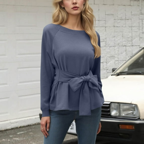Xdegoge Women's Long Sleeves Shirt Tie Knot Sweatshirt Pullover Tops Casual 2025 Fall Fashion Crewneck Going Out Blouses Outerwear