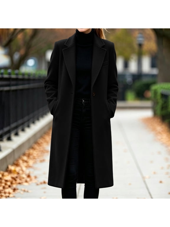 Women's Long Winter Coat Single Breasted Lapel Collar Elegant Overcoat Dressy Warm Outerwear Jacket with Pockets