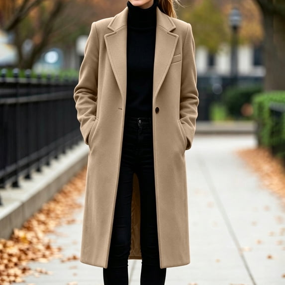 Xdegoge Women's Long Winter Coat Single Breasted Lapel Collar Elegant Overcoat Dressy Warm Outerwear Jacket with Pockets