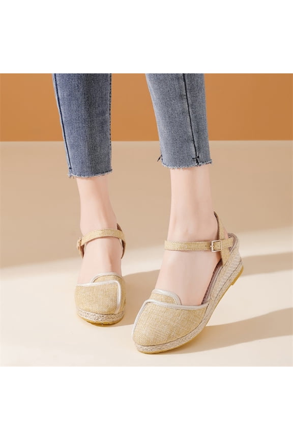 Women's Low Wedge Espadrilles Closed Toe Bow Accent Ankle Buckle Strap Summer Lightweight Casual Dress Shoes Everyday Walking
