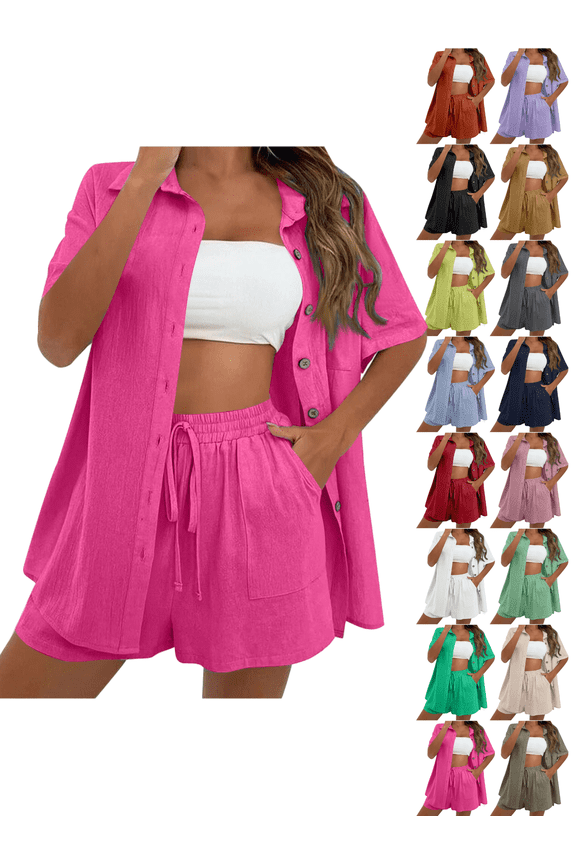 Women's Matching Sets Summer 2 Piece Outfits Button Down Short Sleeve Shirts High Waisted Lounge Shorts with Pockets Loose Fit Beach Vacation Wear Relaxed