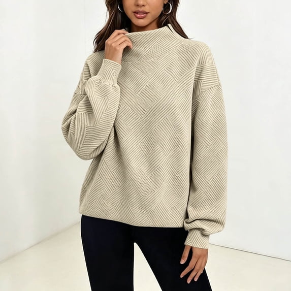 Xdegoge Women's Mock Neck Oversized Sweater Long Sleeve Textured Chunky Knit Pullover Jumper Fall Winter Casual Knitwear