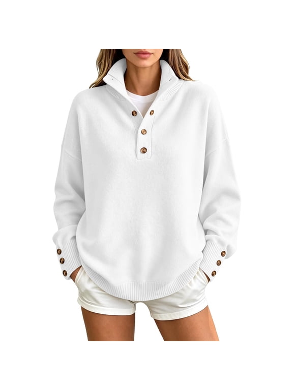 Women's Mock Neck Sweaters Half Button Pullover Long Sleeve Ribbed Knit Jumper Casual Loose Fall Winter Warm Outwear