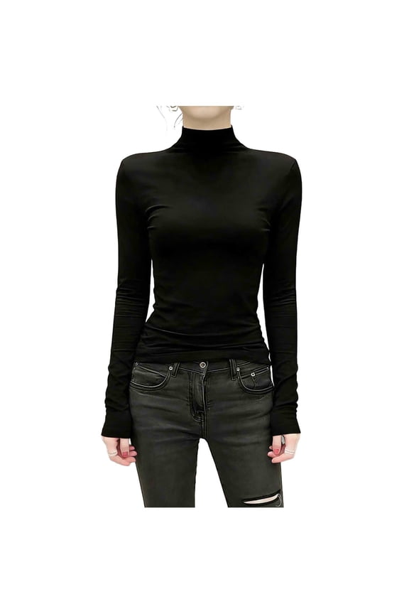 Women's Mock Turtle Neck Long Sleeve T Shirts Slim Fit Stretchy Layering Tops Basic Solid Tees Soft Lightweight Thermal Blouses Breathable for Winter