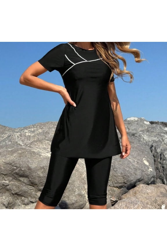 Women's Modest Swimdress with Capri Leggings 2 Piece Tankini Set Short Sleeve Rash Guard Tummy Control Swimsuits Full Coverage Bathing Suits for Surfing Water Sports with Padded Cups