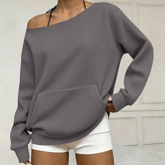 Xdegoge Women's Off Shoulder Waffle Knit Sweaters Long Sleeve Slouchy Pullover Tops Casual Fall Oversized Shirts with Pockets