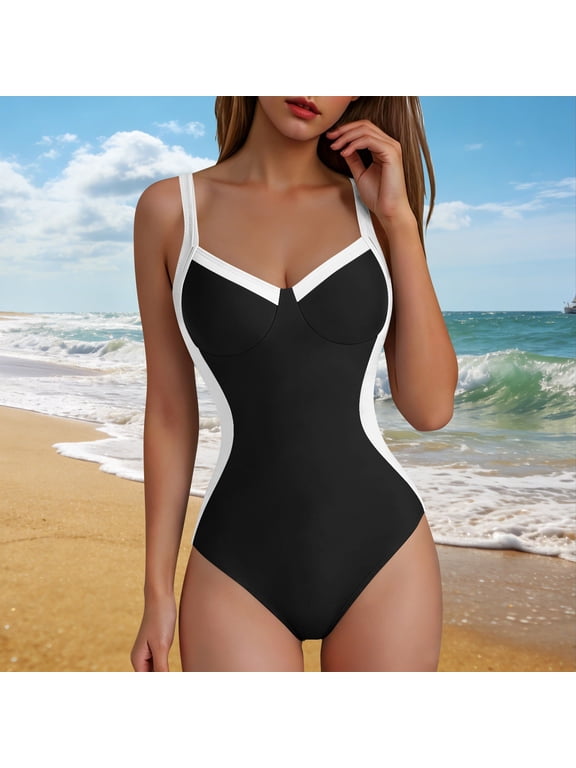 Women's One Piece Swimsuits Color Block Underwire Push Up Monokini High Cut Tummy Control Bathing Suits Slimming Athletic Swimwear