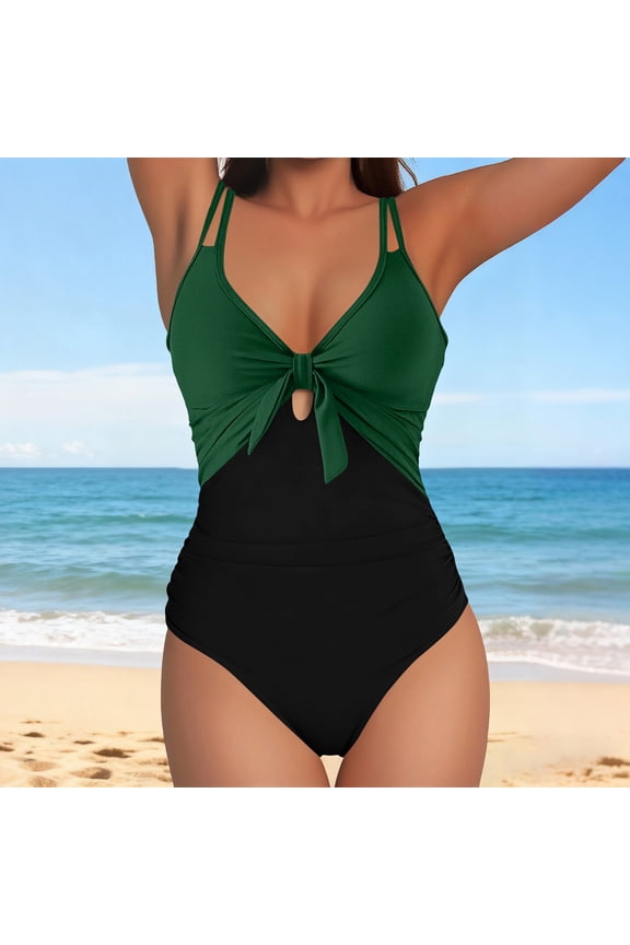 Women's One Piece Swimsuits Double Straps Tie Knot Front Cut Out Monokini Ruched Tummy Control Bathing Suits High Cut Flattering Swimwear