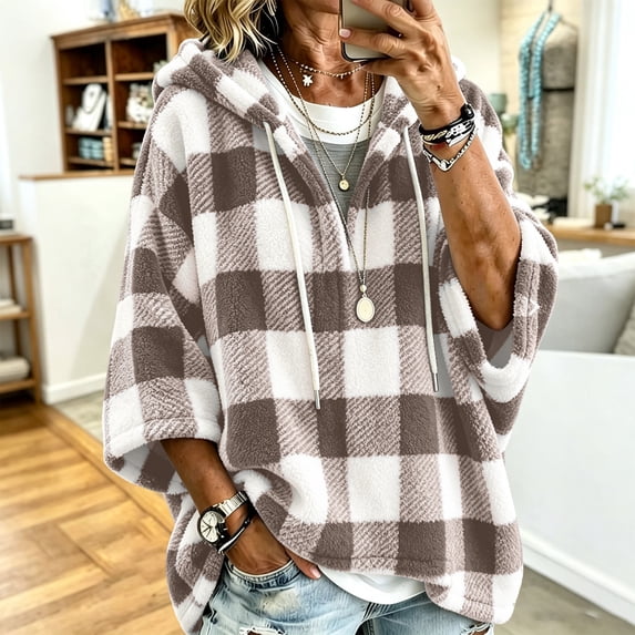 Xdegoge Women's Oversized Fuzzy Fleece Hoodie Plaid Pullover Half Sleeve Drawstring Sweatshirt Casual Fall Winter Poncho Top