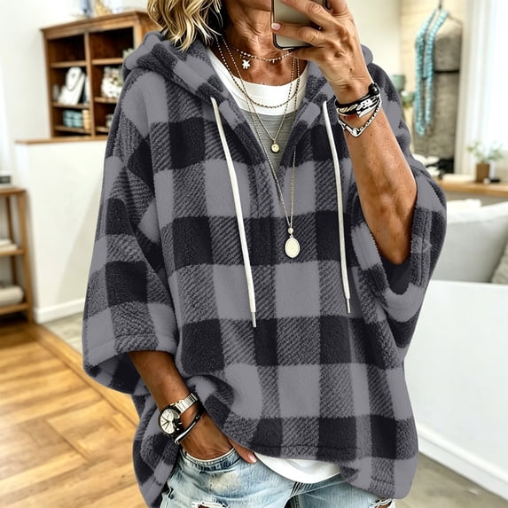 Xdegoge Women's Oversized Fuzzy Fleece Hoodie Plaid Pullover Half Sleeve Drawstring Sweatshirt Casual Fall Winter Poncho Top
