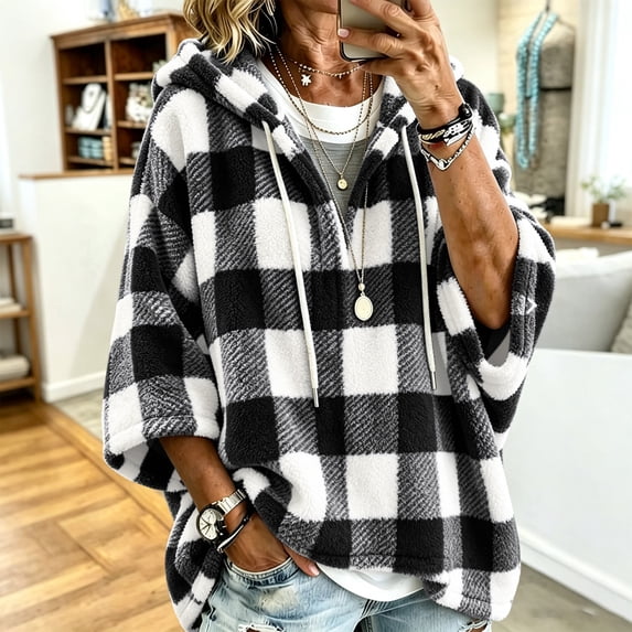 Xdegoge Women's Oversized Fuzzy Fleece Hoodie Plaid Pullover Half Sleeve Drawstring Sweatshirt Casual Fall Winter Poncho Top