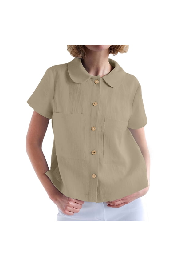 Women's Peter Pan Collar Button Down Shirts Short Sleeve Linen Cotton Blouses Summer Casual Pockets Vintage Loose Fit Solid Cute Fashion Tops