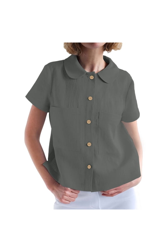 Women's Peter Pan Collar Button Down Shirts Short Sleeve Linen Cotton Blouses Summer Casual Pockets Vintage Loose Fit Solid Cute Fashion Tops