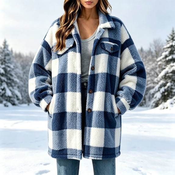 Xdegoge Women's Plaid Shacket Fuzzy Sherpa Jacket Button Down Long Sleeve Flannel Shirts Coat with Pockets Winter Warm Outerwear