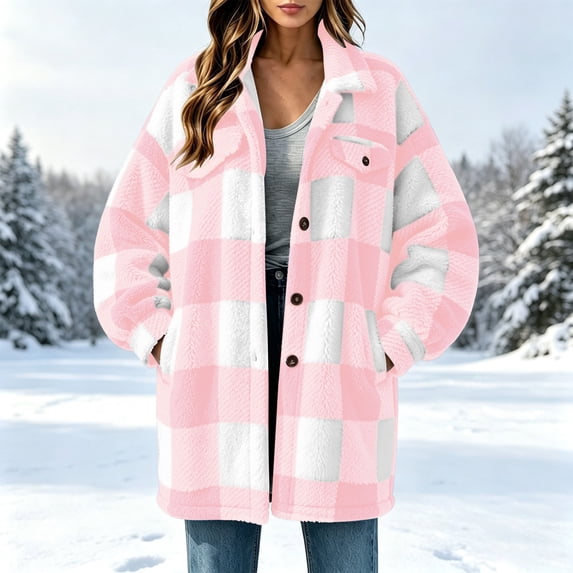 Xdegoge Women's Plaid Shacket Fuzzy Sherpa Jacket Button Down Long Sleeve Flannel Shirts Coat with Pockets Winter Warm Outerwear