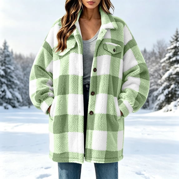 Xdegoge Women's Plaid Shacket Fuzzy Sherpa Jacket Button Down Long Sleeve Flannel Shirts Coat with Pockets Winter Warm Outerwear