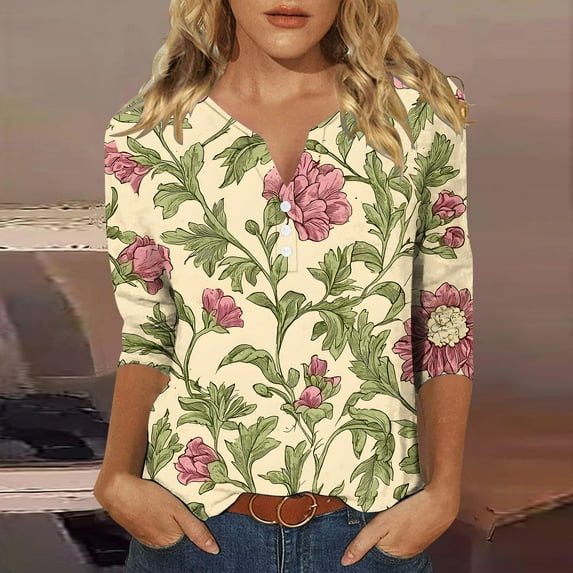 Xdegoge Women's Plus Size Shirts and Blouses Ladies Tops 3/4 Sleeve Trendy V Neck T Shirts Summer Floral Tunic Ladies Tops Loose Fit Dressy Casual Blouses Fashion Vacation Tee Shirts Ropa Mujer