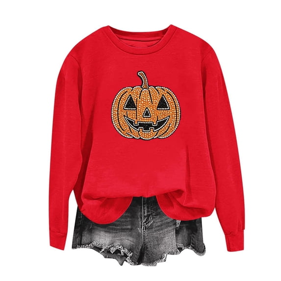 Xdegoge Women's Pumpkin Graphic Sweatshirt Glitter Rhinestone Jack O Lantern Pullover Tops Casual Long Sleeve Crewneck Fall Shirts for Halloween Party Lounge