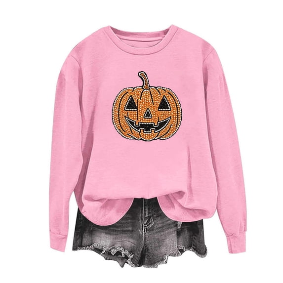 Xdegoge Women's Pumpkin Graphic Sweatshirt Glitter Rhinestone Jack O Lantern Pullover Tops Casual Long Sleeve Crewneck Fall Shirts for Halloween Party Lounge