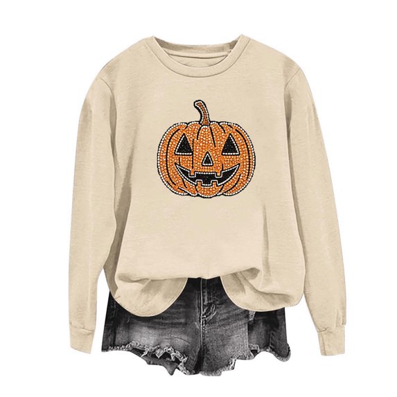 Xdegoge Women's Pumpkin Graphic Sweatshirt Glitter Rhinestone Jack O Lantern Pullover Tops Casual Long Sleeve Crewneck Fall Shirts for Halloween Party Lounge