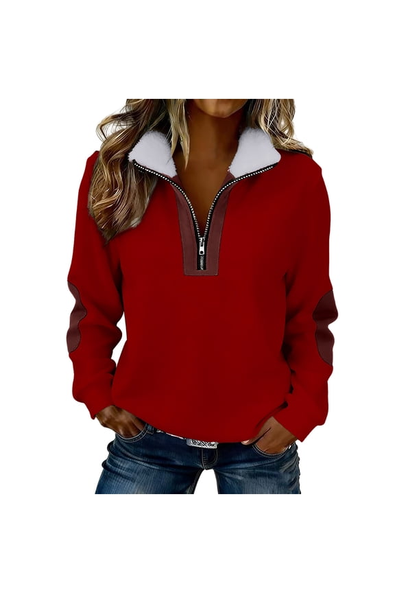 Women's Quarter Zip Sweatshirts Long Sleeve Lapel Collar Pullover Tops Elbow Patches Soft Lightweight Fleece Blouses Breathable for Fall Winter Work