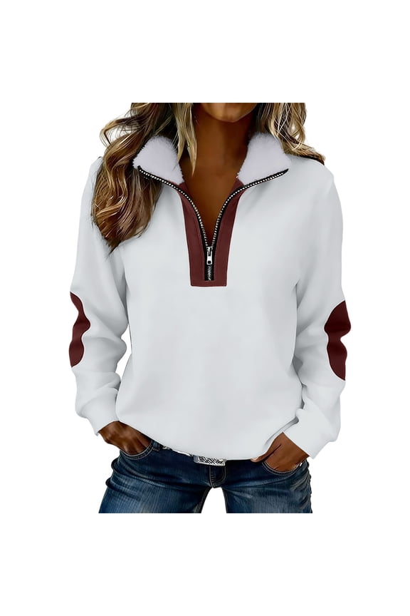 Women's Quarter Zip Sweatshirts Long Sleeve Lapel Collar Pullover Tops Elbow Patches Soft Lightweight Fleece Blouses Breathable for Fall Winter Work