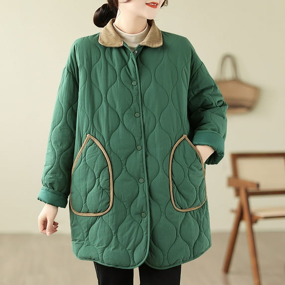 Xdegoge Women's Quilted Down Coat Loose Lapel Collar Button Down Long Barn Jacket Winter Insulated Outerwear with Pockets