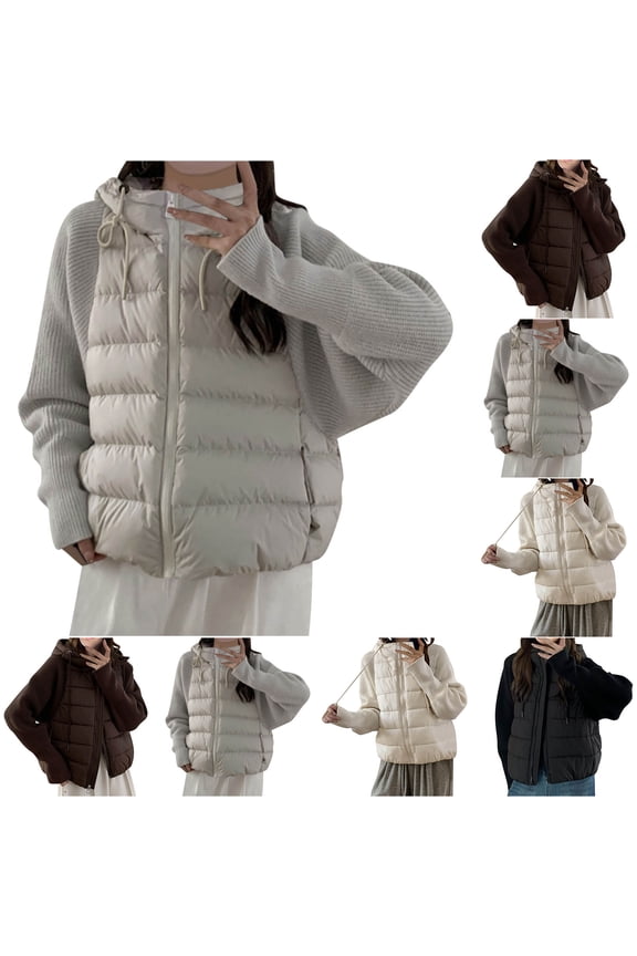 Women's Quilted Jackets Patchwork Knit Long Sleeve Zip Up Hooded Padded Coats Stand Collar Trendy Casual Loose Down Jacket Winter Warm Coat 2025