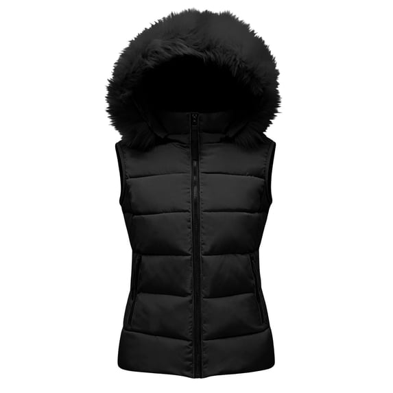 Xdegoge Women's Quilted Puffer Vest with Hood Faux Fur Trim Zip Up Sleeveless Jacket Winter Warm Padded Outerwear Fall Gilet