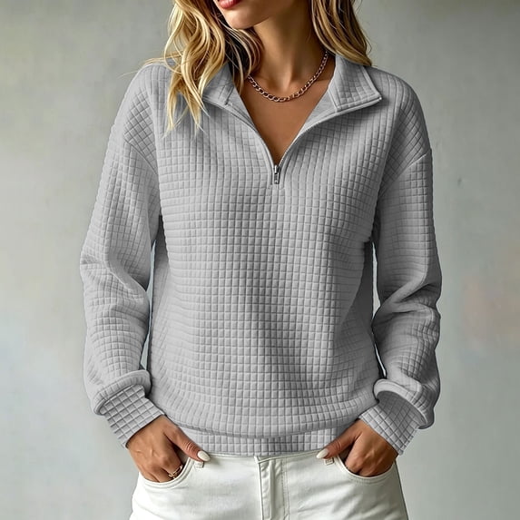 Xdegoge Women's Quilted Quarter Zip Pullover Sweatshirts Long Sleeve Half Zip Collared Tops Casual Fall Winter Clothes