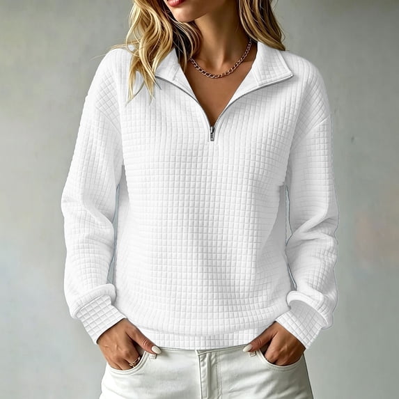 Xdegoge Women's Quilted Quarter Zip Pullover Sweatshirts Long Sleeve Half Zip Collared Tops Casual Fall Winter Clothes
