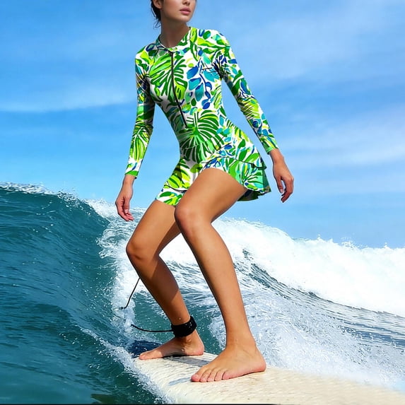 Xdegoge Women's Rash Guard Swimwear Long Sleeve Zip Front Skirted 2 Piece Bathing Suits Floral Print Raglan Sleeve Modest Water Sports with Padded Cups