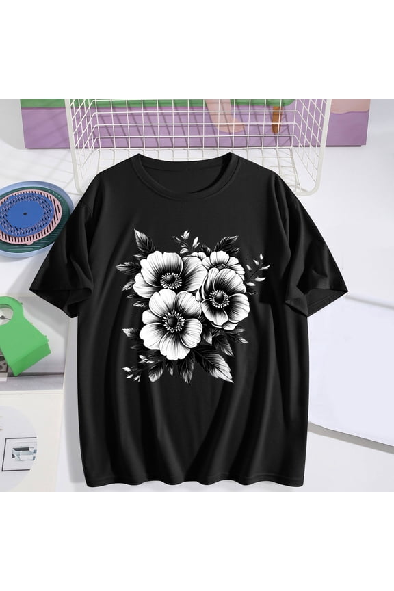 Women's Relaxed Fit Black White Flower Graphic T-Shirt Round Neck Short Sleeve Stylish Casual Everyday Wear Summer Top