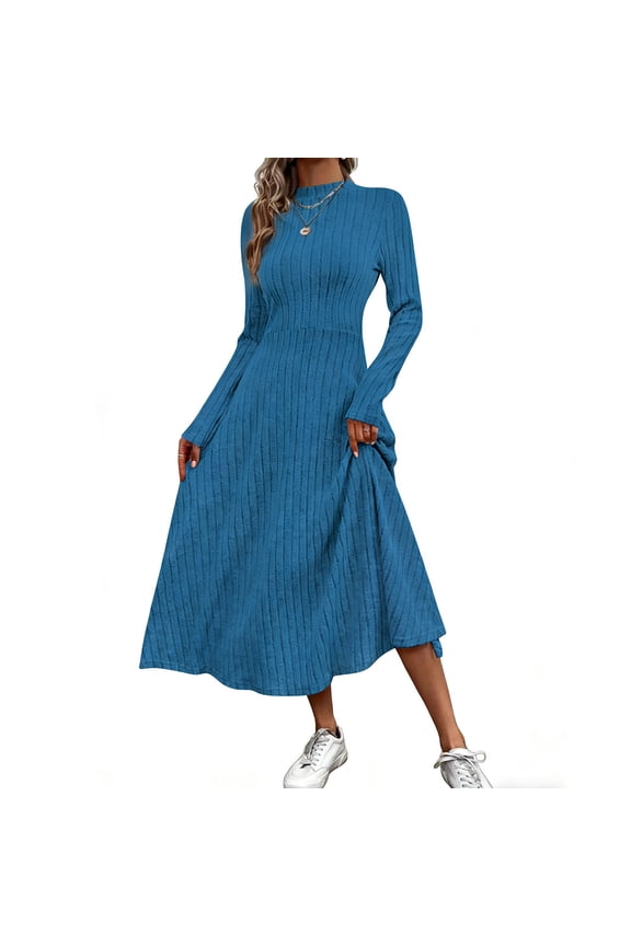Women's Ribbed Knit Midi Dress Long Sleeve Mock Neck A-Line Fall Winter Casual Elegant Workwear Stretchy Warm Soft Fashion Trendy Party Outfits