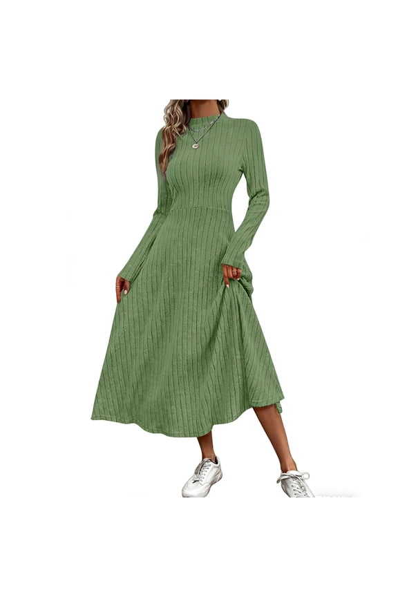 Women's Ribbed Knit Midi Dress Long Sleeve Mock Neck A-Line Fall Winter Casual Elegant Workwear Stretchy Warm Soft Fashion Trendy Party Outfits