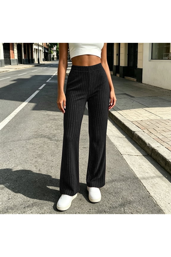 Women's Ribbed Wide Leg Pants High Waisted Elastic Waist Stretch Knit Lounge Pants Pull On Casual Palazzo Pants for Travel Everyday Wear